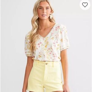 MNK Floral Cottagecore Puff Sleeve Lace Trim Blouse Cotton Size Small